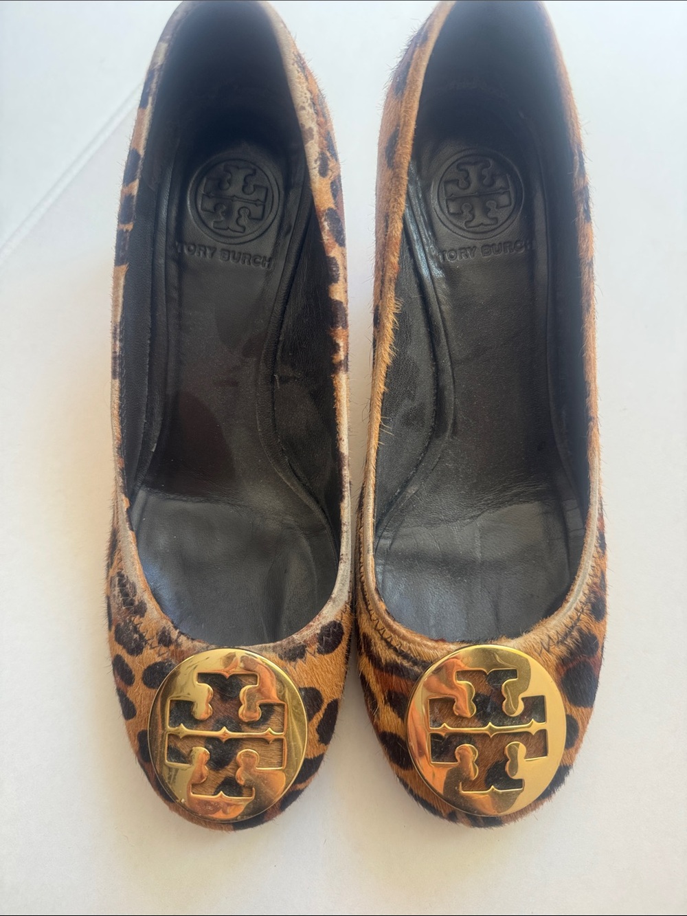 Tory Burch Leopard Calf-Hair Flats with Gold Logo Medallion